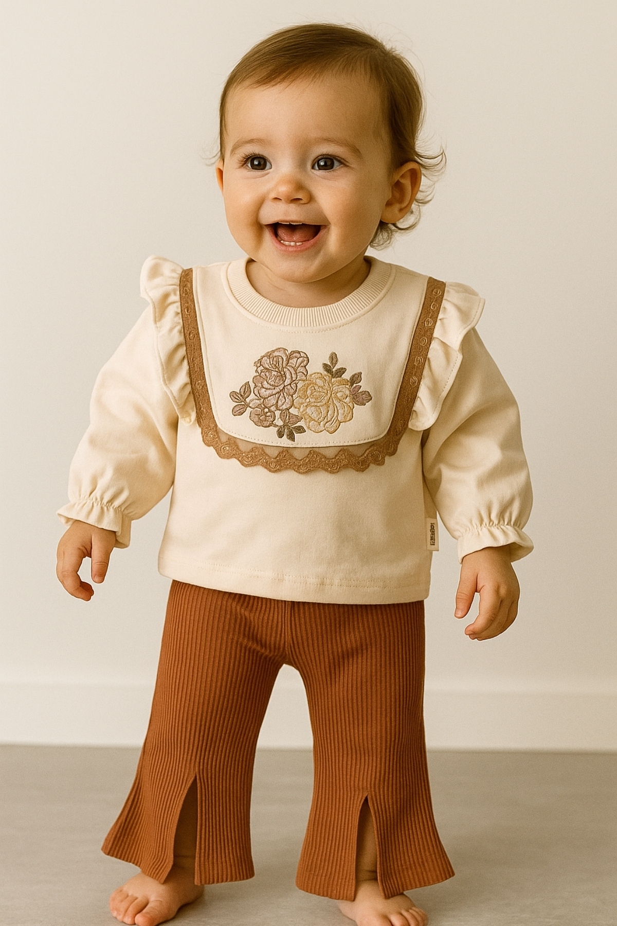 Gül Detaylı Kahverengi Kız Alt Üst Takım
